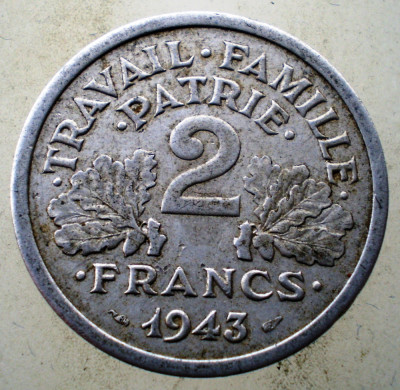 1.132 FRANTA VICHY WWII 2 FRANCS FRANCI 1943 foto