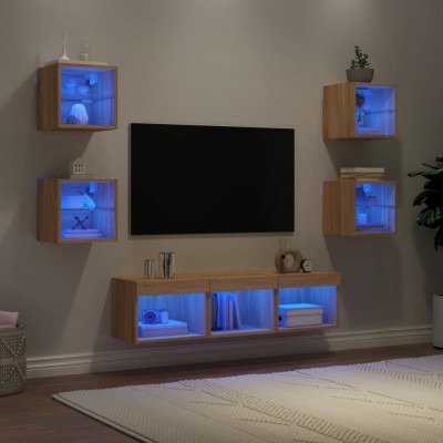 Unitati de perete TV cu LED-uri, 7 piese, stejar sonoma, lemn GartenMobel Dekor foto
