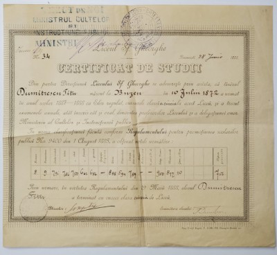LICEUL &amp;#039;SF. GHEORGHE &amp;#039; , CERTIFICAT DE STUDII , 1888, SEMNAT OLOGRAF DE STEFAN HEPITES * foto