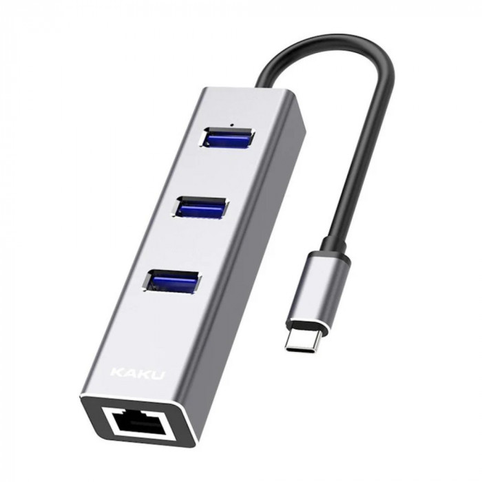 Hub USB cu mufa Tip-C Kaku KSC-275 3xUSB-A, 1xGigabit RJ45, Gri