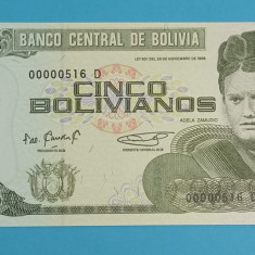 Bolivia 5 Bolivianos 1986 'Zamudio' UNC serie: 00000516 D