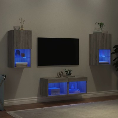 vidaXL Comode TV de perete cu lumini LED, 4 piese, gri sonoma foto