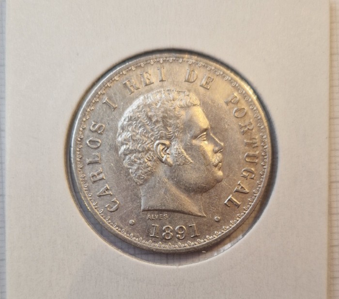 128 Portugal Portugalia, 500 Reis 1891, KM#535, Argint, CARLOS I, buna