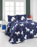 Set cuvertura matlasata dubla 3 piese, Magic Unicorn - Dark Blue, Eponj Home, 65% bumbac/35% poliester