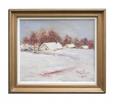 Tablou pictat manual inramat, Peisaj de iarna, 70x60cm, Valeriu Stoica 1996 foto