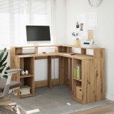 VidaXL Birou lumini LED stejar artizanal 130x130x91cm lemn prelucrat