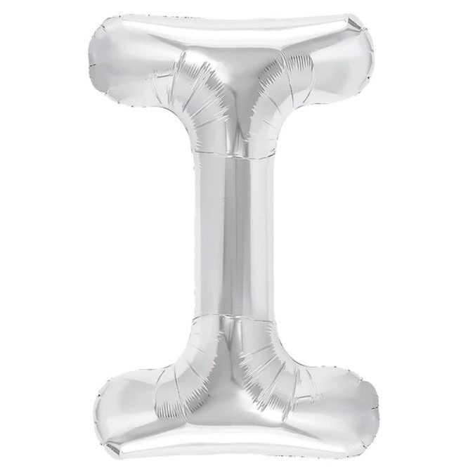 Balon folie metalizata litera i, flippy, 80 cm, umflati cu heliu sau aer, ambalaj individual, pai inclus, argintiu