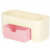 Organizator pentru cosmetice, bijuterii si ceasuri, 6 compartimente si 1 sertar, 21x10 cm, crem/roz, Springos