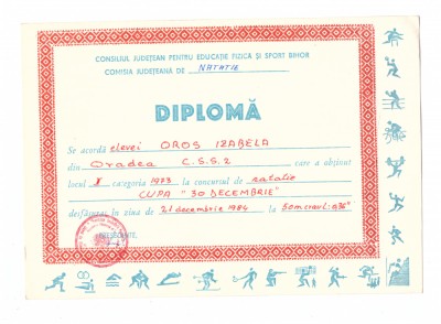 Diploma natatie, Consiliul Judetean pentru Educatie Fizica, 1984 foto