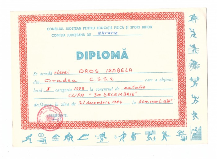 Diploma natatie, Consiliul Judetean pentru Educatie Fizica, 1984