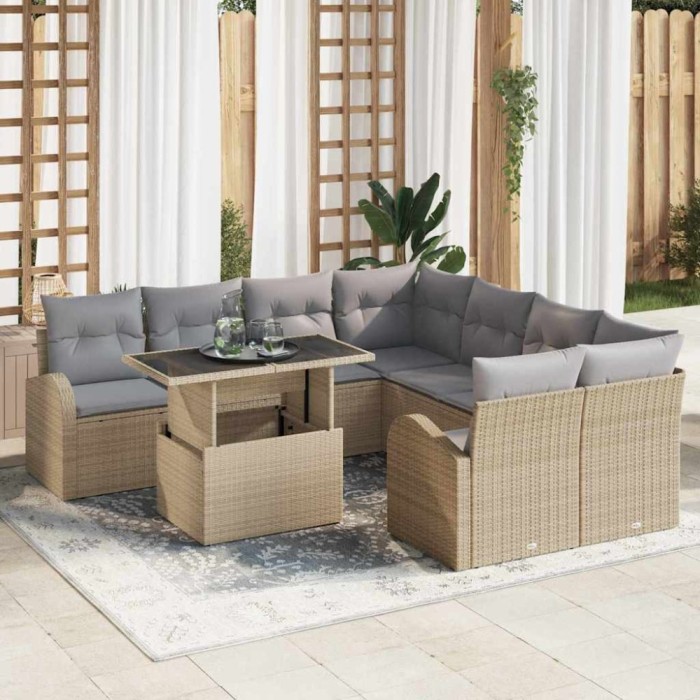vidaXL Set de canapele pentru grădină cu pernă 9 pcs Bej Rattan poli