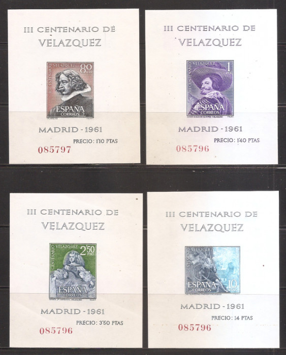 Spania 1961-300 ani de la moartea lui Velazquez, 4 colite, MNH (vezi descrierea)