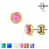Cercei aurii din o&Aring;&pound;el de 316L, cu opal sintetic, rotund - Culoare: Mov