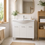 Baza si lavoar ceramic GN1531, mobilier baie stativ 80 cm, front MDF, 3 usi, balamale soft close, picioare cromate reglabile, alb