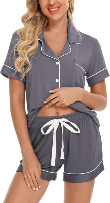 ng Femei Buton &icirc;n jos pijama set V-Neck m&acirc;necă scurtă Sleepwear Soft Pj Seturi S