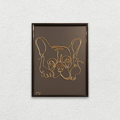 Tablou cap de Bulldog, sculptura din fir continuu de sarma placata cu aur, 19&amp;times;25 cm foto