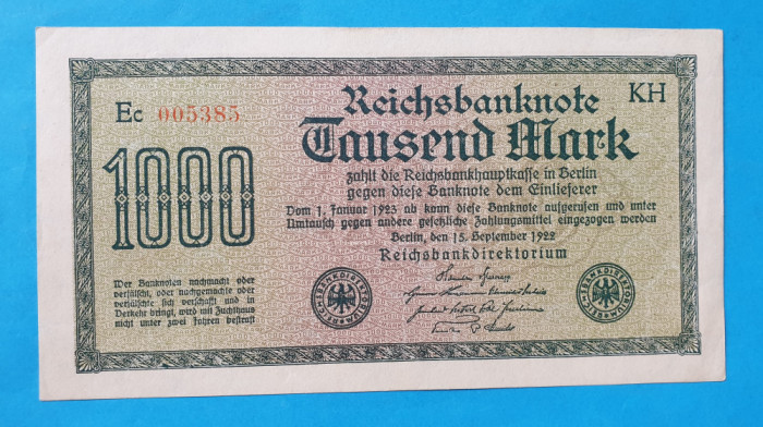 GERMANIA 1000 Mark 1922 - Bancnota veche SUPERBA -