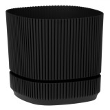 Ghiveci din plastic negru cu dungi și farfurie incorporată pentru plante, CMCLASS