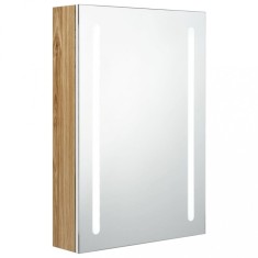 Dulap de baie cu oglinda si LED, alb si stejar, 50x13x70 cm foto