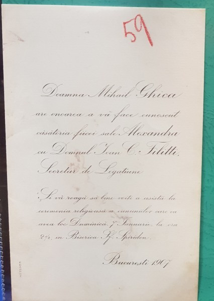Alexandra Ghica si Ioan C. - Invitatie Casatorie, semnata de gravorul MUTZNER