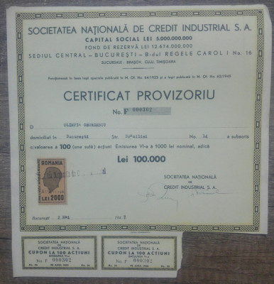 Certificat provizoriu Societatea Nationala de Credit Industrial foto