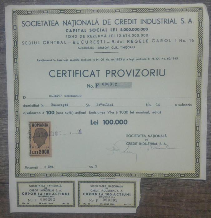 Certificat provizoriu Societatea Nationala de Credit Industrial