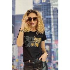U834-1 Tricou casual cu imprimeu pisicuta si mesaj &quot;BITE BACK&quot;