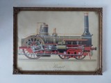 Tablou Vintage Locomotiva &bdquo;Komet&rdquo; 1854 &ndash; Sticlă Bombată, Ramă Metalica Ornamentată, 29x21 cm