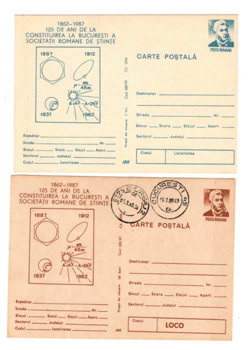 Lot 2 CP (carti postale) 125 de ani de la infintarea SRS - Necirculate / CP4