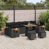 VidaXL Set de canapele pentru grădină, 10 piese, cu perne, rattan poly negru și lemn de acacia.