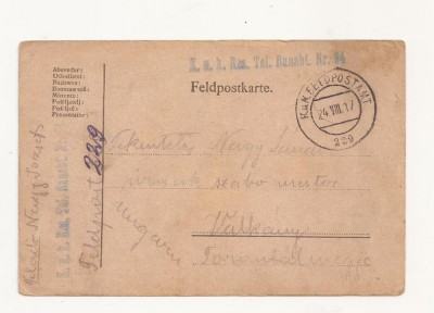 D1 Carte Postala Militara k.u.k. Imperiul Austro-Ungar ,1917, Reg. Torontal foto