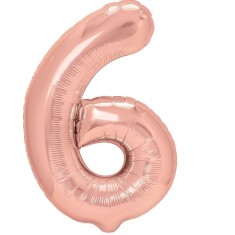 Balon din folie metalizata flippy, figurina cifra, tema aniversare 80 cm, ambalaj individual, pai inclus, umflare cu aer sau heliu, rose, cifra 6