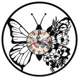 Ceas de perete decorativ realizat din disc de vinil, Model Fluture Floral si Flori, Negru, 30 cm