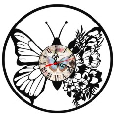 Ceas de perete decorativ realizat din disc de vinil, Model Fluture Floral si Flori, Negru, 30 cm