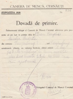 1939 Ioan H. S&amp;acirc;rghie - Chitanta participare cu 3 sculpturi la Expozitia Cernauti foto