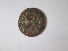 Rara! Franta moneda Denier Tournois primul tip 1587 Henri III,monetaria Moulin foto