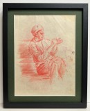 Toader Schipor 1954 Tablou Portret Militar RPR schimb&acirc;nd Epoletii grafica crochiu pastel rosu inramat 26x32cm