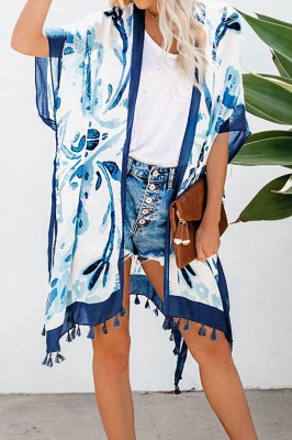 J755-441 Kimono cu print abstract si ciucurei in partea inferioara foto