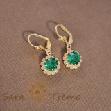 Cercei placati cu aur 18K, cristale zirconia verde+albe in forma de crizantema
