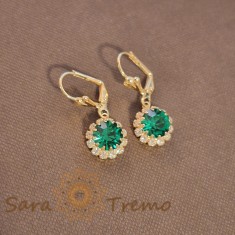 Cercei placati cu aur 18K, cristale zirconia verde+albe in forma de crizantema foto
