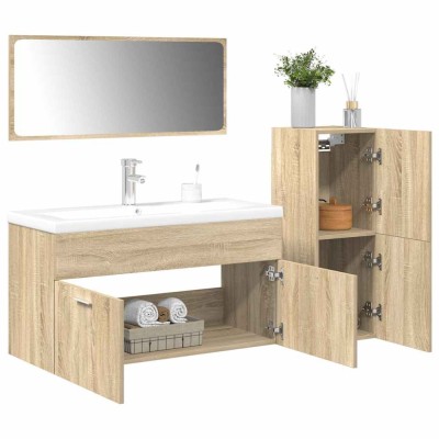 Set mobilier de baie, 4 piese, stejar sonoma, lemn prelucrat foto