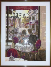 Goblen inramat elegant Cuplu la cafenea, lucrat manual Brent Heighton handmade foto