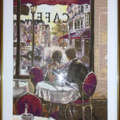 Goblen inramat elegant Cuplu la cafenea, lucrat manual Brent Heighton handmade