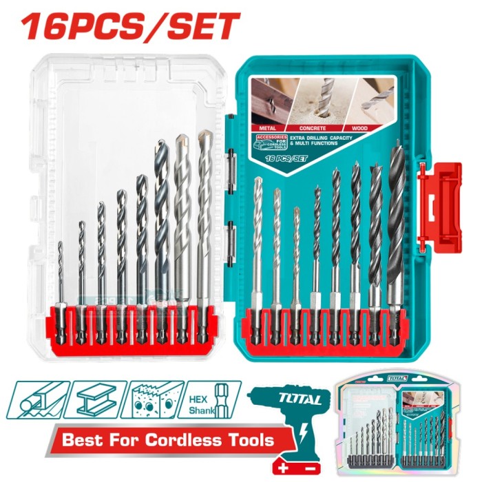 TOTAL - SET BURGHIE PENTRU METAL/BETON/LEMN 16 BUC PowerTool TopQuality