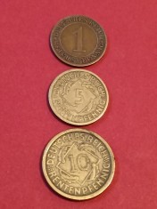 Lot 3 monede Germania: 1 + 5 (tiraj mic) + 10 pfennig 1924 J [poze]. Discount conform descriere[10 - 20 % Vedeti descrierea.].