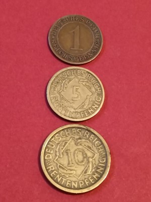 Lot 3 monede Germania: 1 + 5 (tiraj mic) + 10 pfennig 1924 J [poze]. Discount conform descriere[10 - 20 % Vedeti descrierea.]. foto