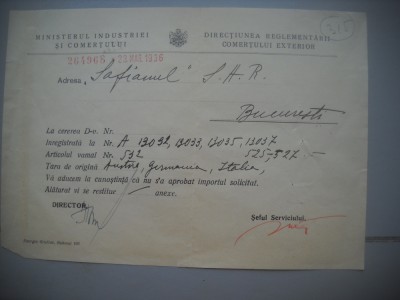 HOPCT DOCUMENT VECHI 315 MINISTERUL INDUSTRIEI COMERT EXTERIOR /BUCURESTI 1936 foto