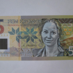 Suedia 5 Kronor 2017 UNC,bancnotă specimen emisiune privată ediție limitată