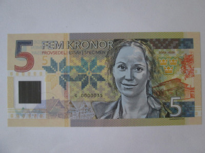 Suedia 5 Kronor 2017 UNC,bancnotă specimen emisiune privată ediție limitată foto