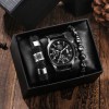 Set Cadou Barbati Ceas Keller &amp; Weber Negru + 2 Bratari Piele/Obsidian. Ceas Barbatesc Casual, Otel Inoxidabil, Quartz. Cutie Cadou Inclusa